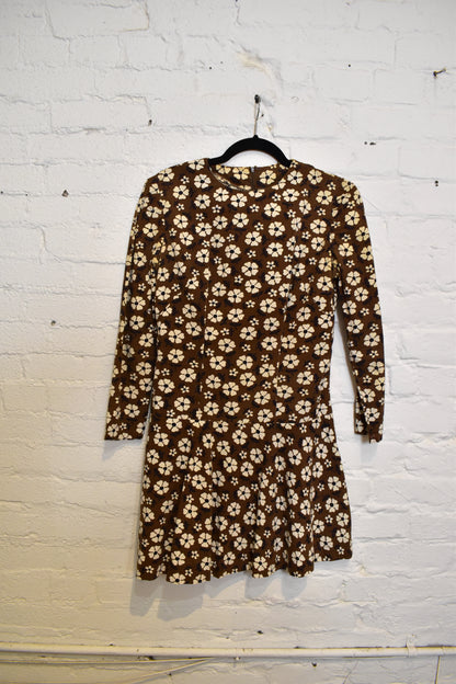 Vintage 1960s Brown & White Floral Drop Waist Dress