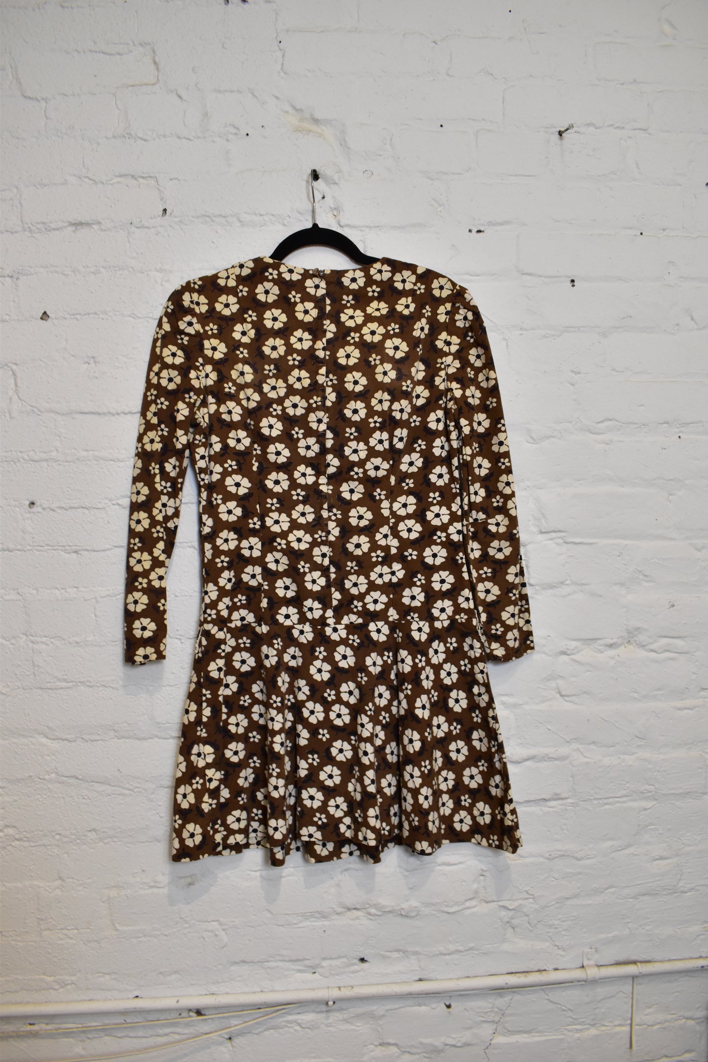 Vintage 1960s Brown & White Floral Drop Waist Dress