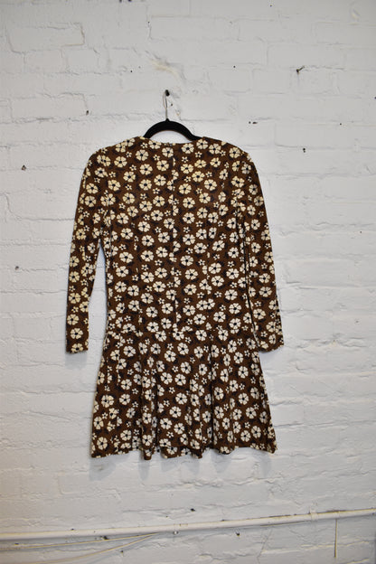 Vintage 1960s Brown & White Floral Drop Waist Dress