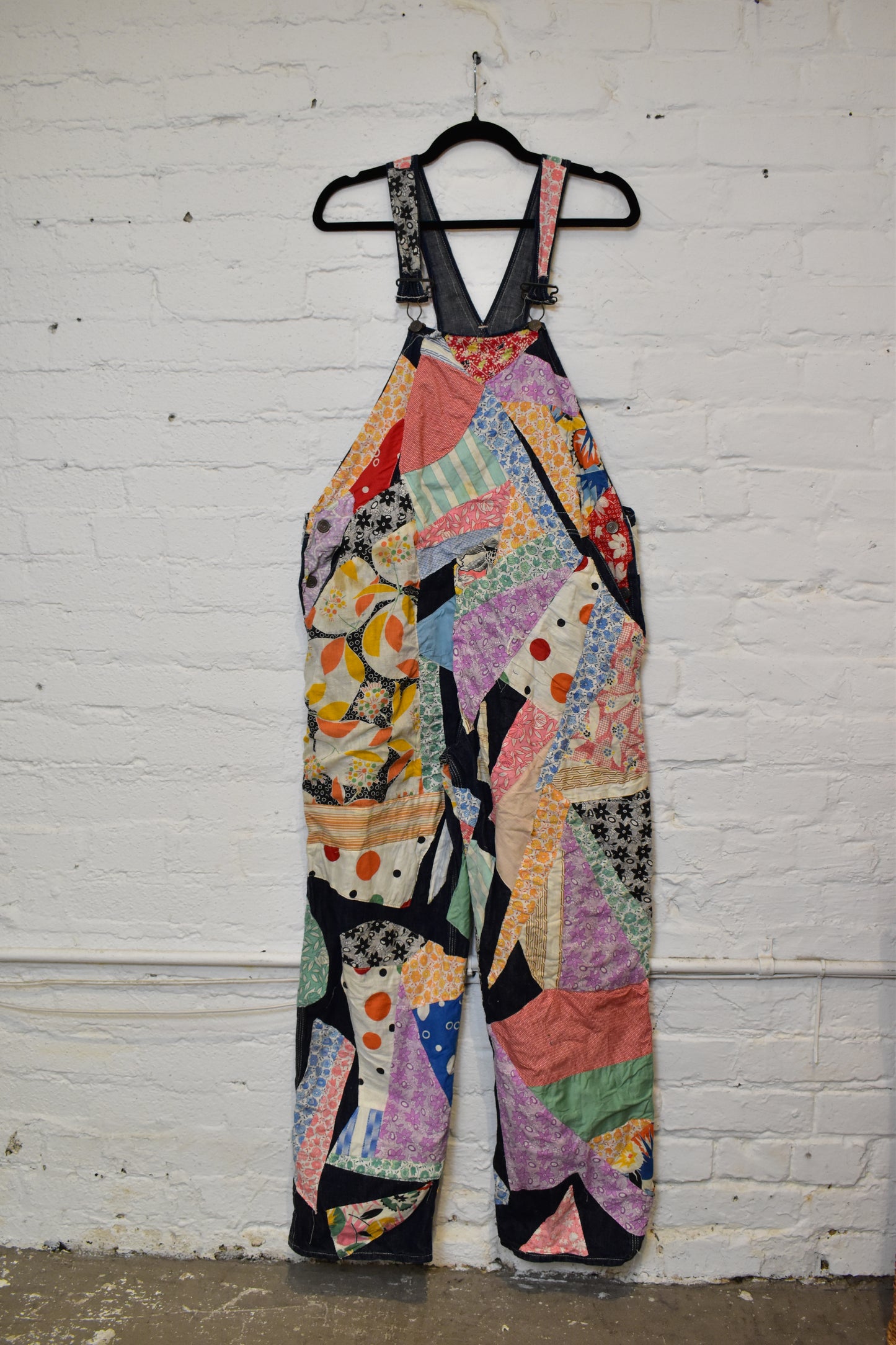 Vintage 1950s Darkwash Denim Overalls W/Patchwork Feedsack Fabric
