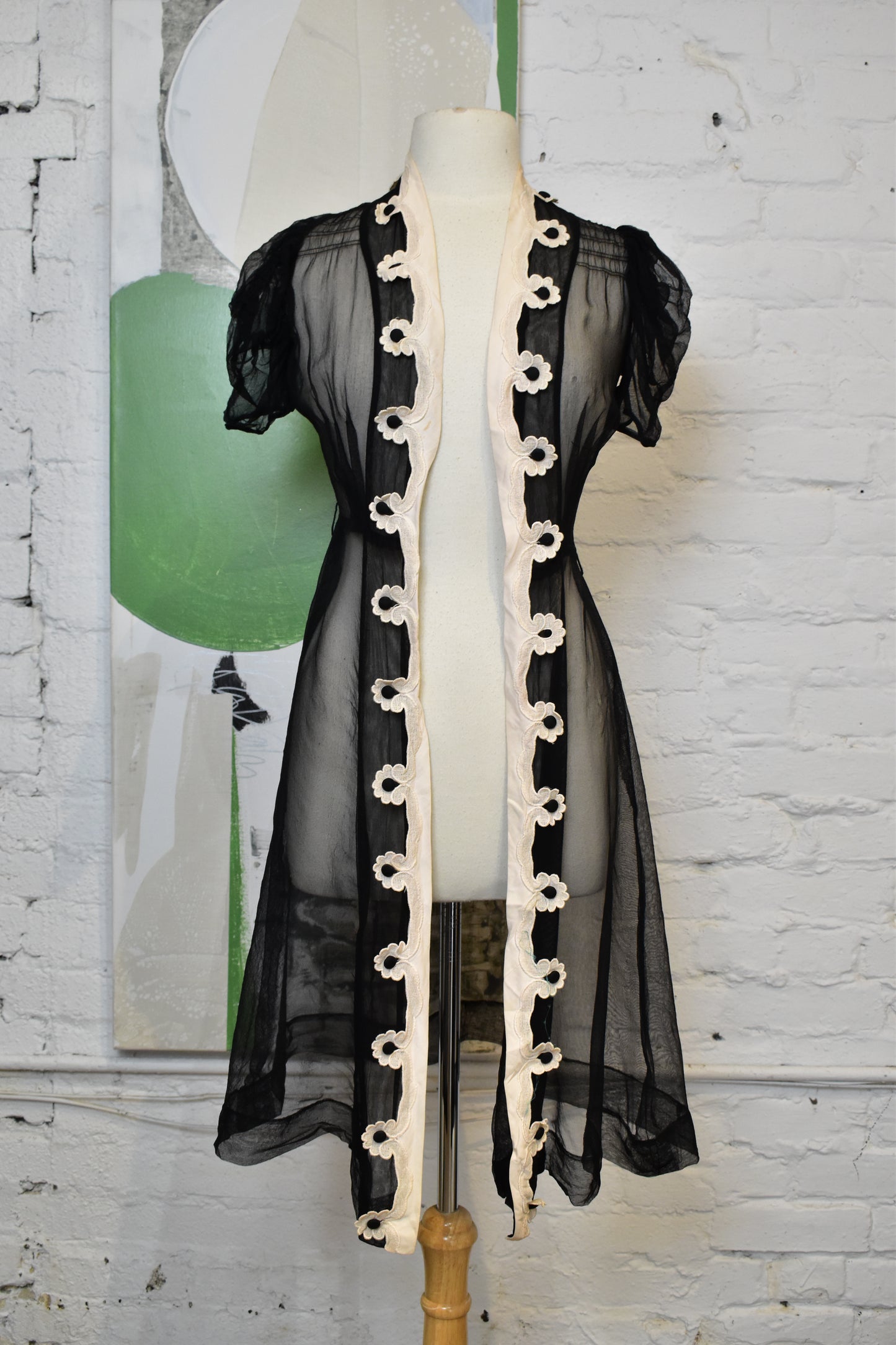 Vintage 1940's Black & White Sheer Mesh Floral Robe