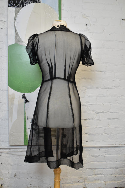 Vintage 1940's Black & White Sheer Mesh Floral Robe