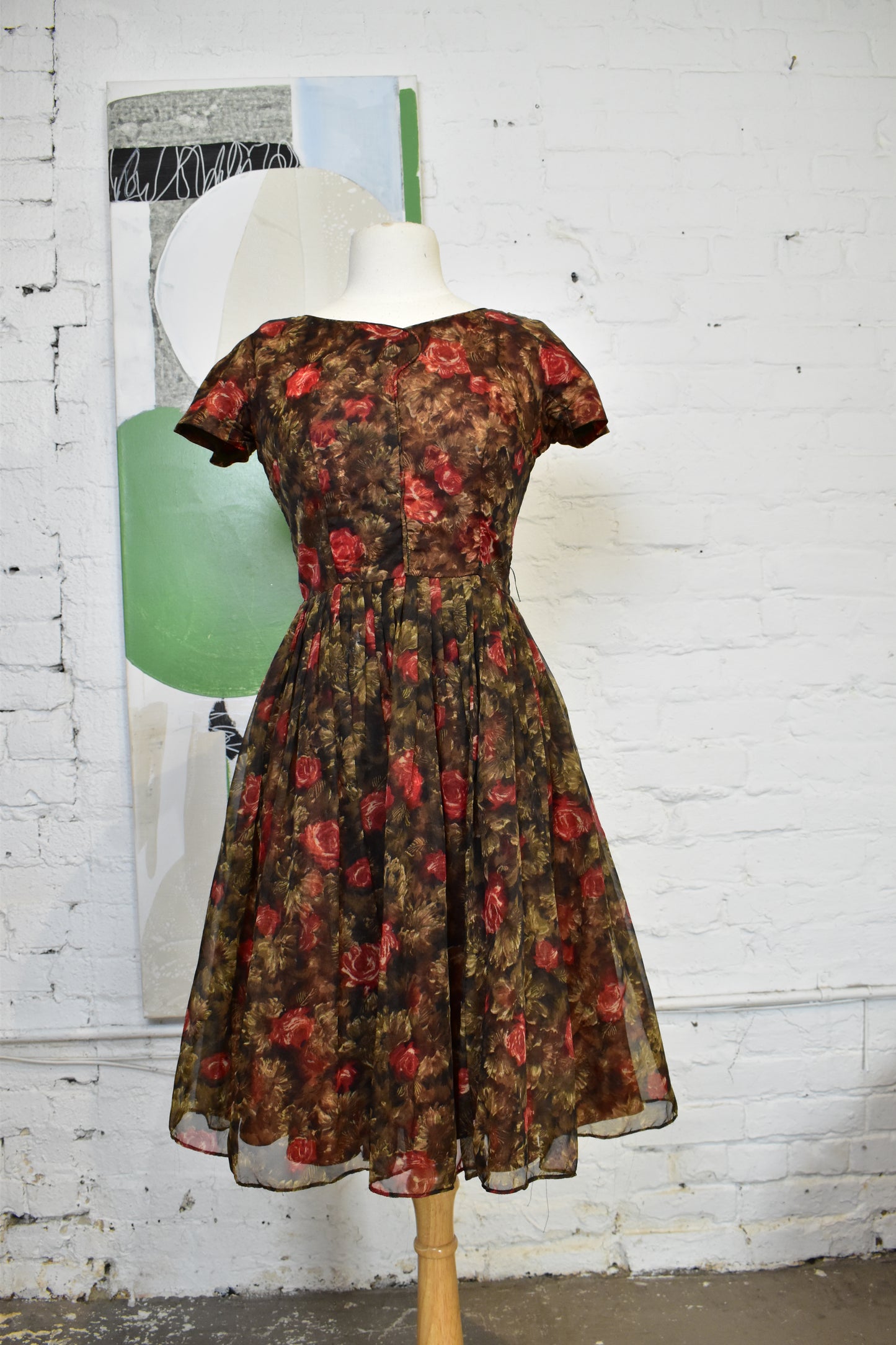 Vintage 1960s Brown Floral Chiffon Party Dress