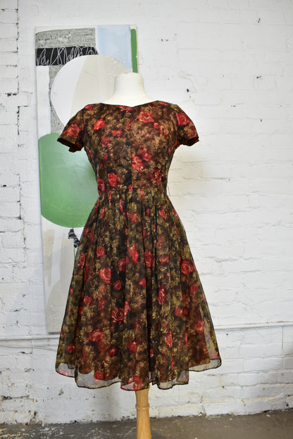 Vintage 1960s Brown Floral Chiffon Party Dress