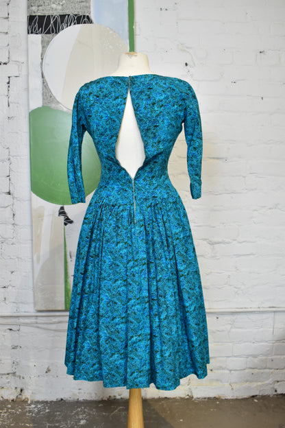 Vintage 1950s 1960s Blue Floral Taffeta Dress