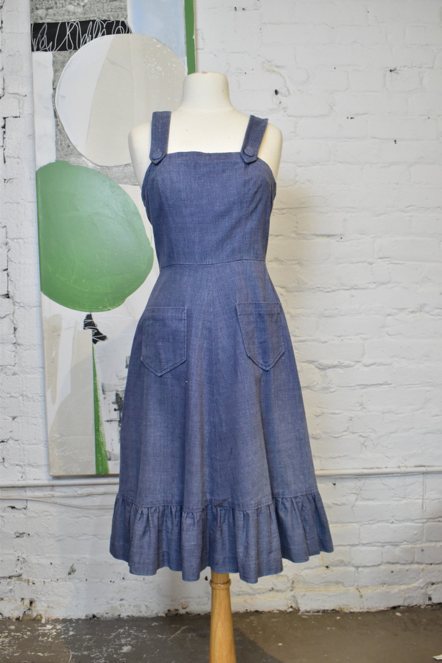 Vintage 1970s Brushed Cotton Denim Ruffle Dress