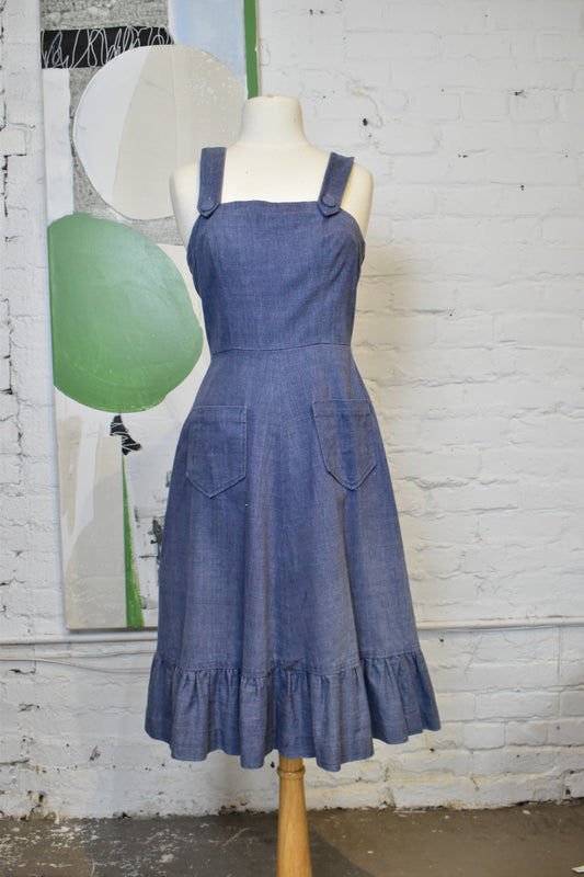 Vintage 1970s Brushed Cotton Denim Ruffle Dress