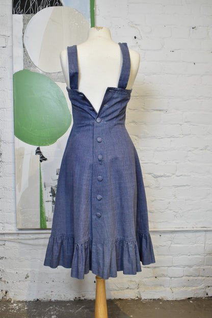Vintage 1970s Brushed Cotton Denim Ruffle Dress