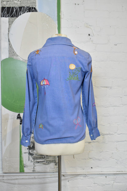 Vintage 1970s Womens Embroidered Chambray Blouse