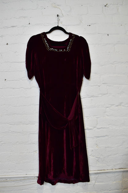 Vintage 1930s Burgundy Silk Velvet Sequin Dress