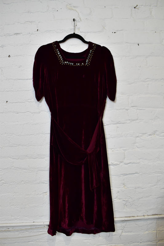 Vintage 1930s Burgundy Silk Velvet Sequin Dress
