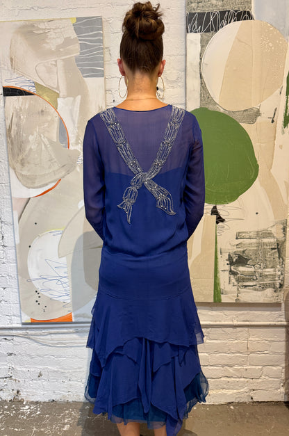 Vintage 1920s Cobalt Silk Beaded Bow Party Dress