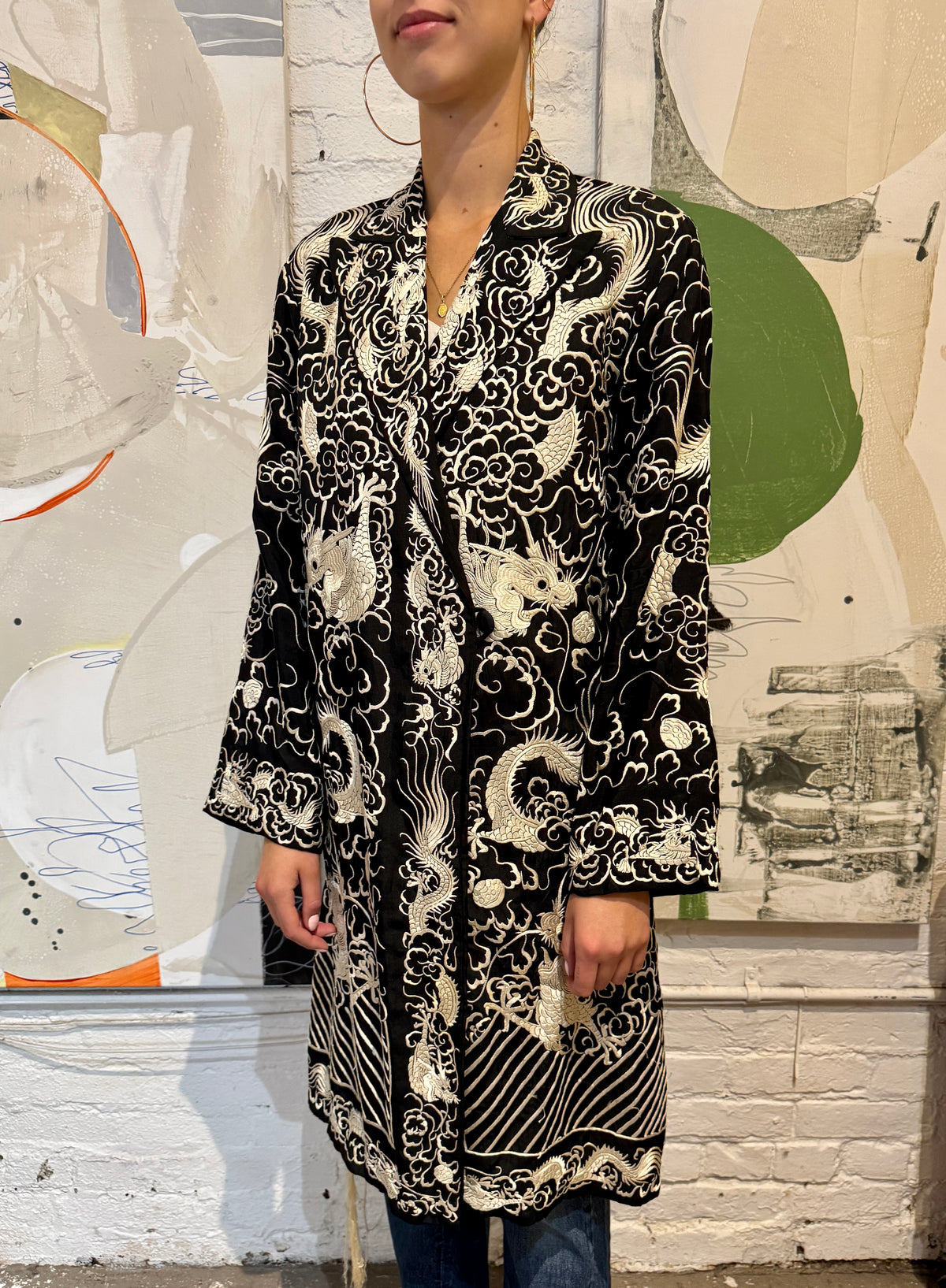 Antique Black and White Silk Embroidered Dragon Robe Jacket