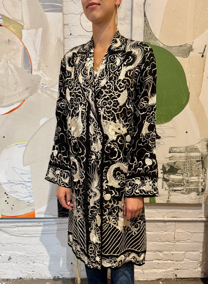 Antique Black and White Silk Embroidered Dragon Robe Jacket