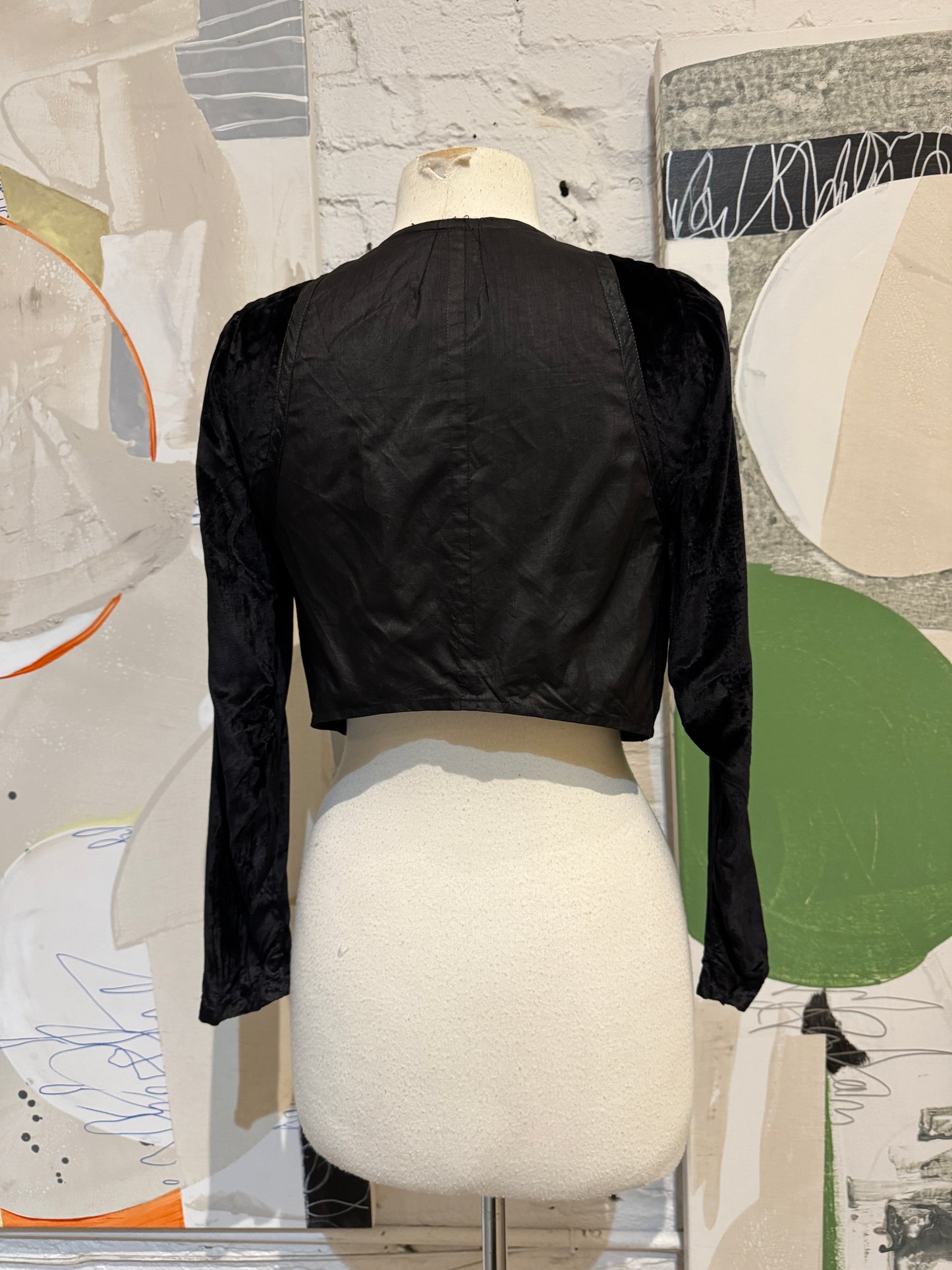 Antique Black Cotton and Velvet Bodice Blouse