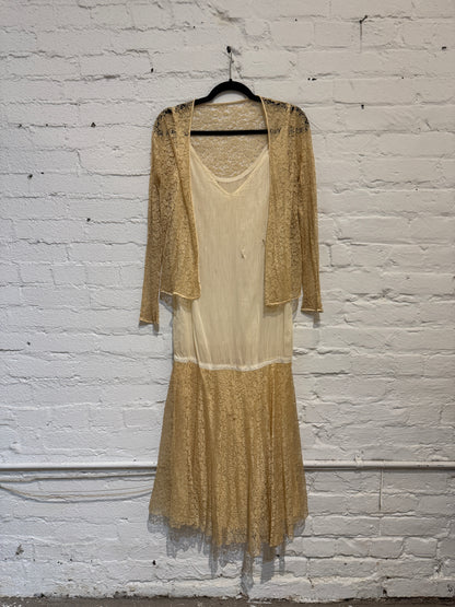 Vintage 1920's Cream Drop Waist Lace Dress