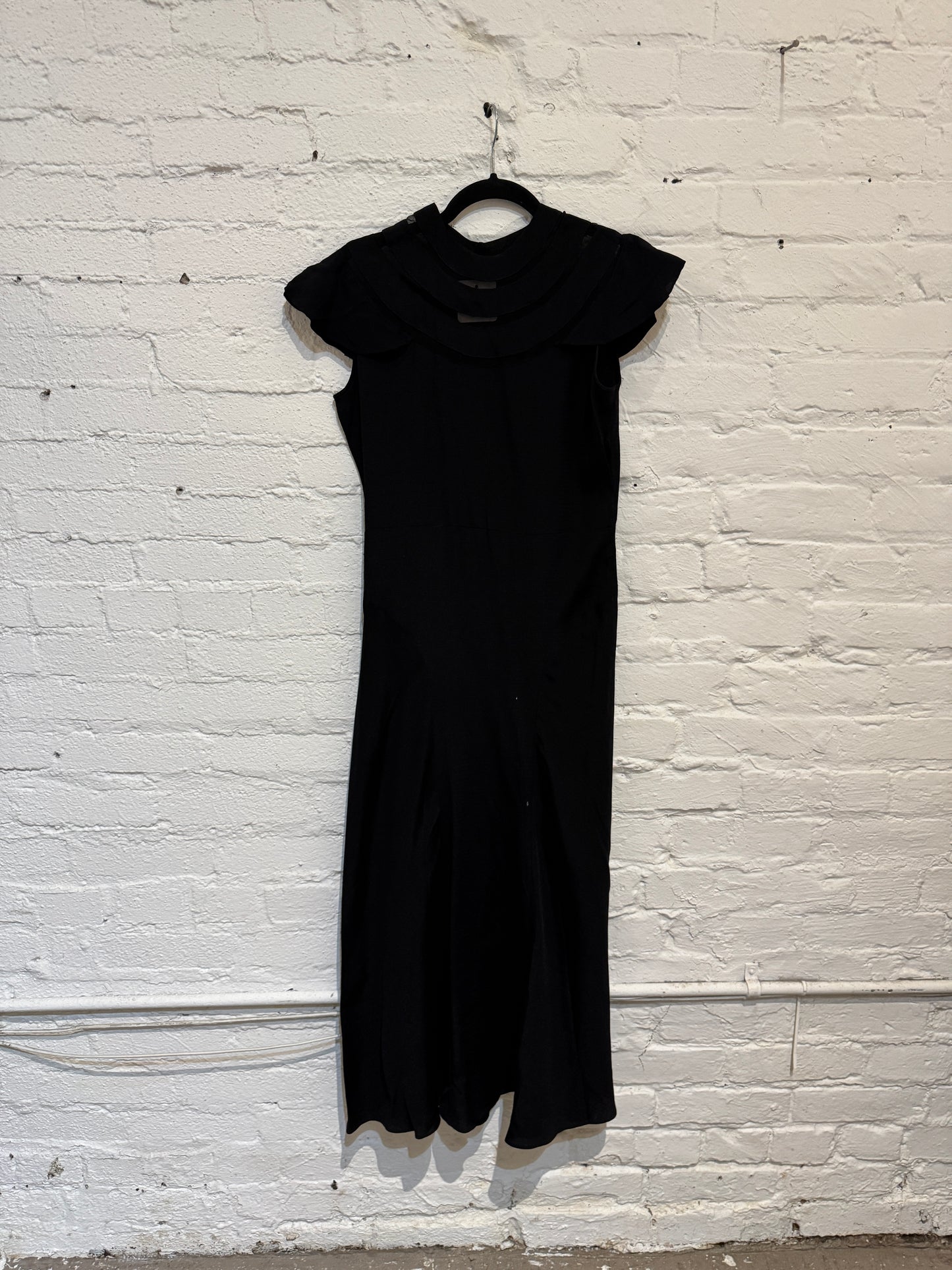 Vintage 1930s Formal Black Crepe Dress with Capelet and Belt