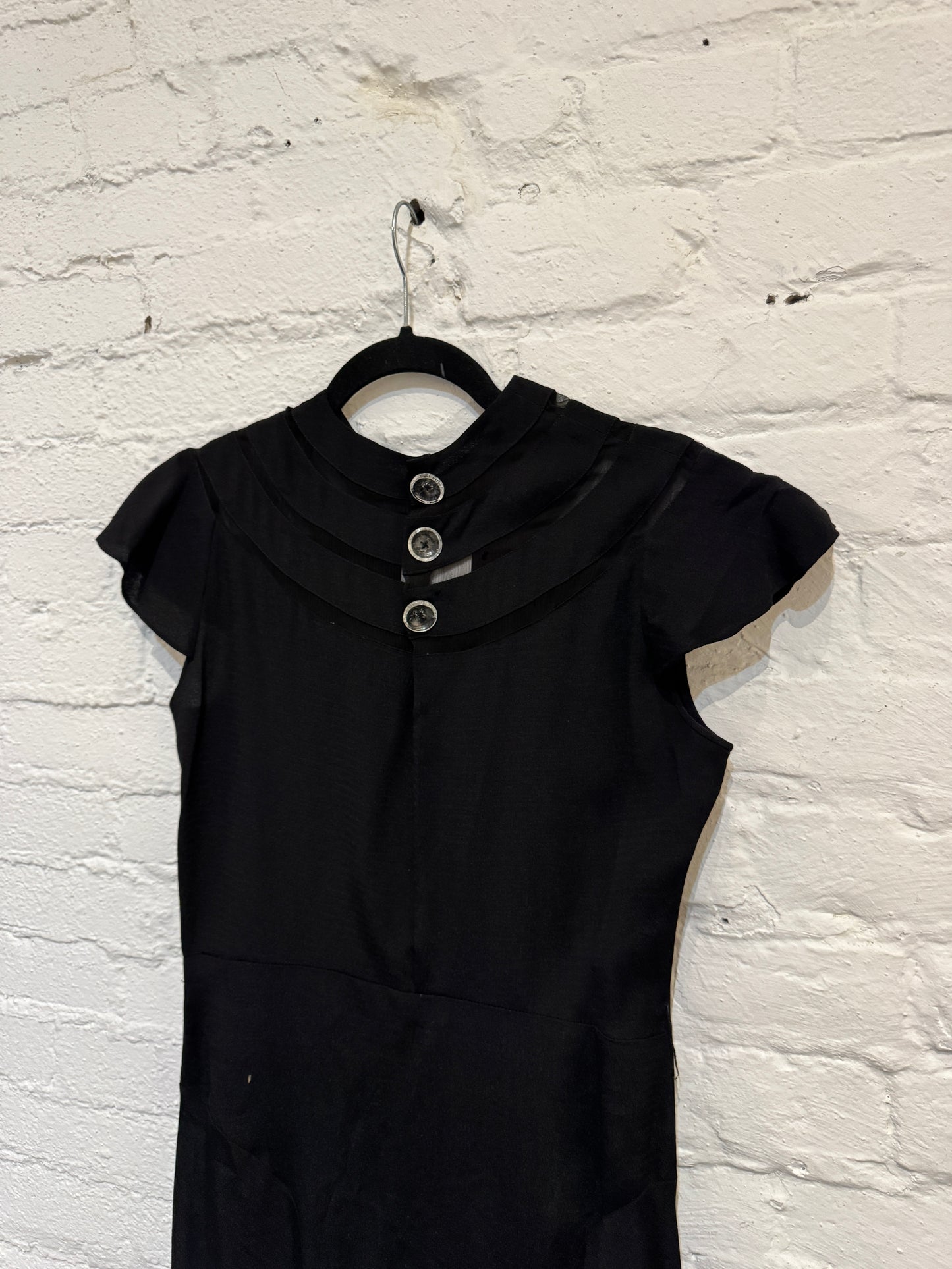 Vintage 1930s Formal Black Crepe Dress with Capelet and Belt