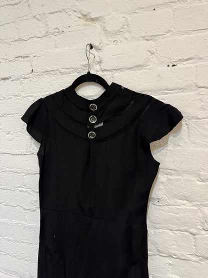 Vintage 1930s Formal Black Crepe Dress with Capelet and Belt