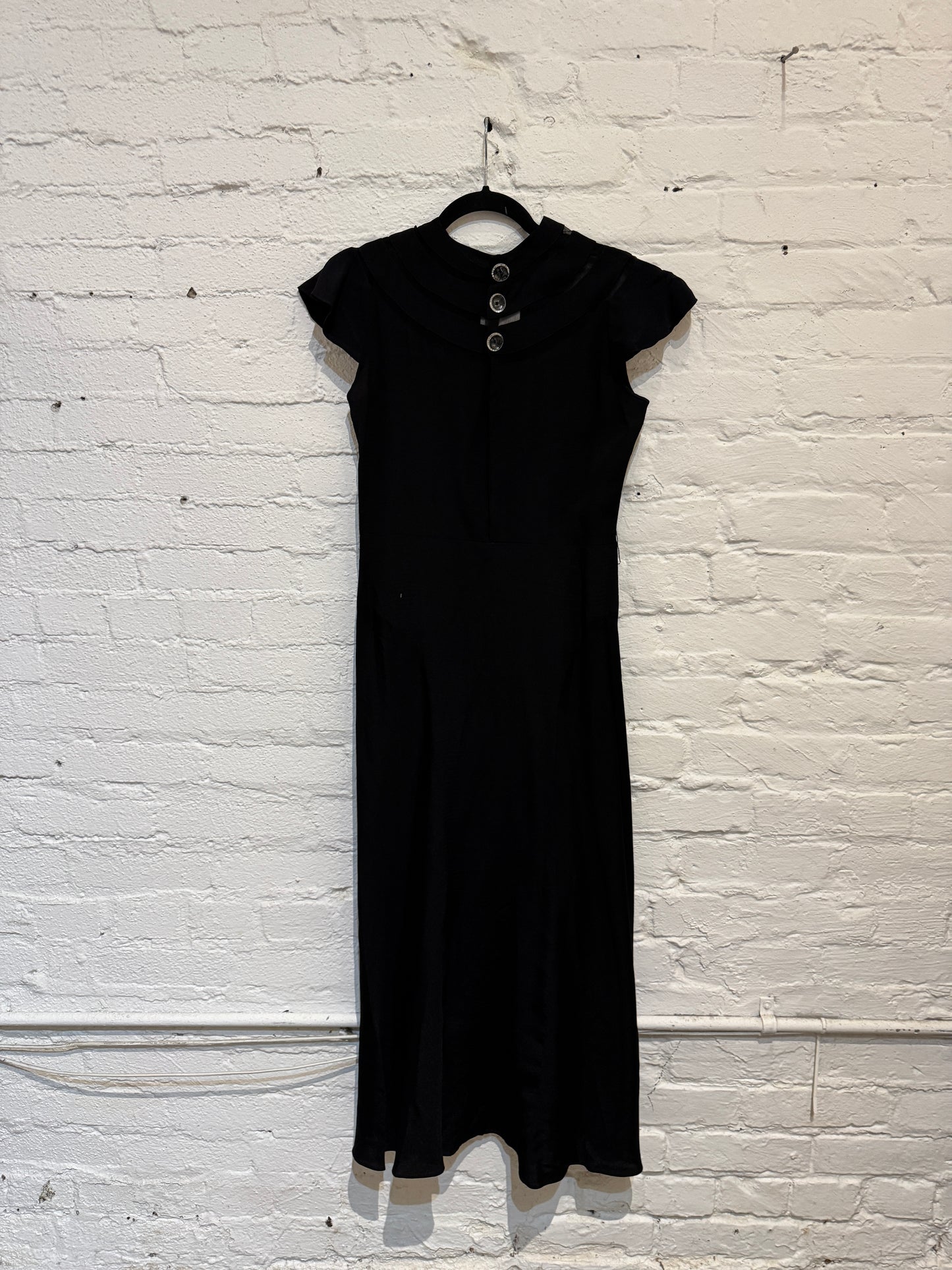 Vintage 1930s Formal Black Crepe Dress with Capelet and Belt