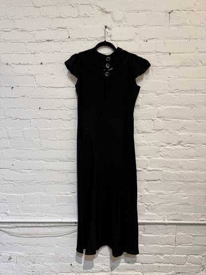 Vintage 1930s Formal Black Crepe Dress with Capelet and Belt