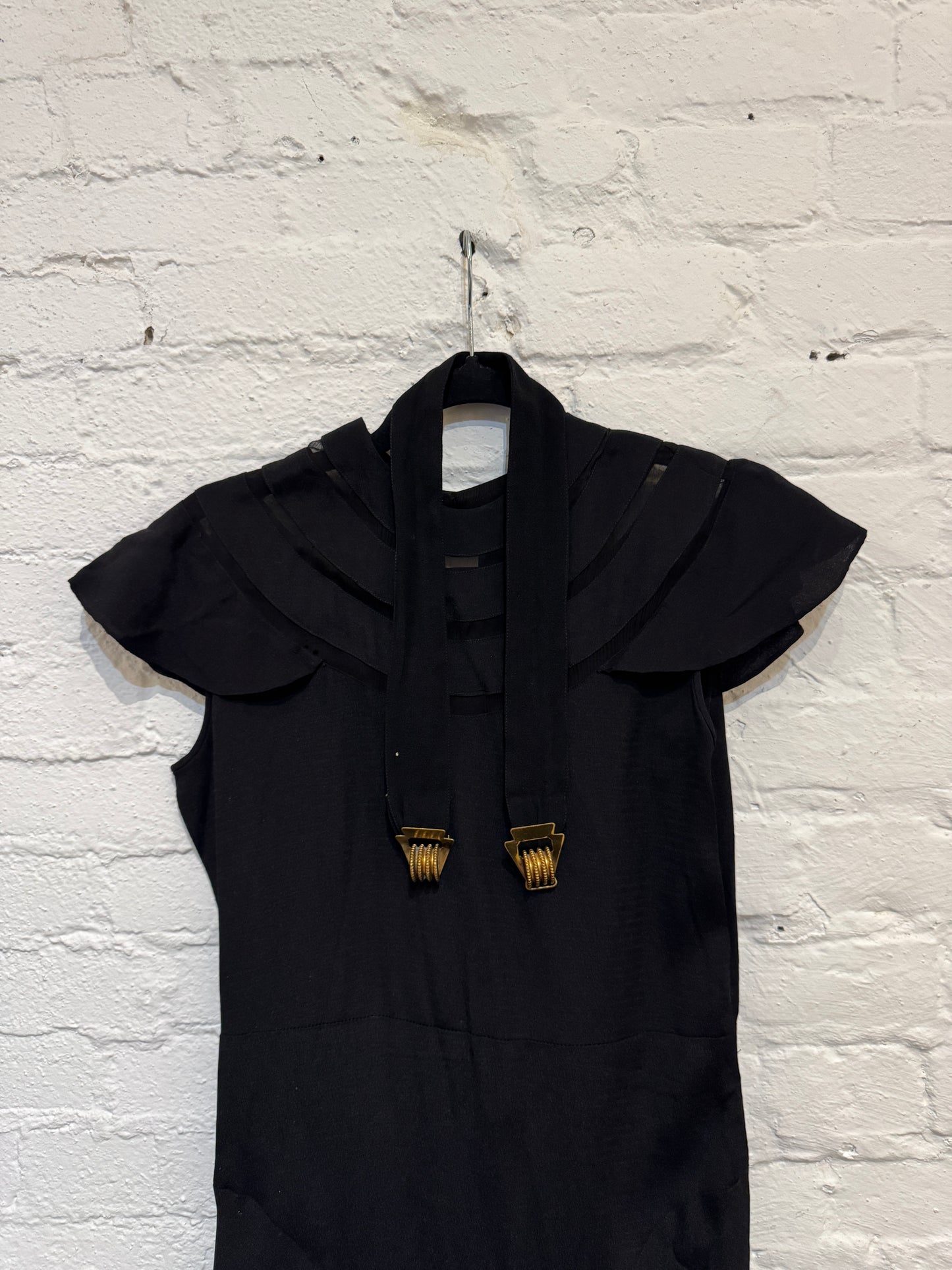 Vintage 1930s Formal Black Crepe Dress with Capelet and Belt