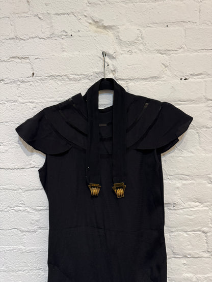 Vintage 1930s Formal Black Crepe Dress with Capelet and Belt