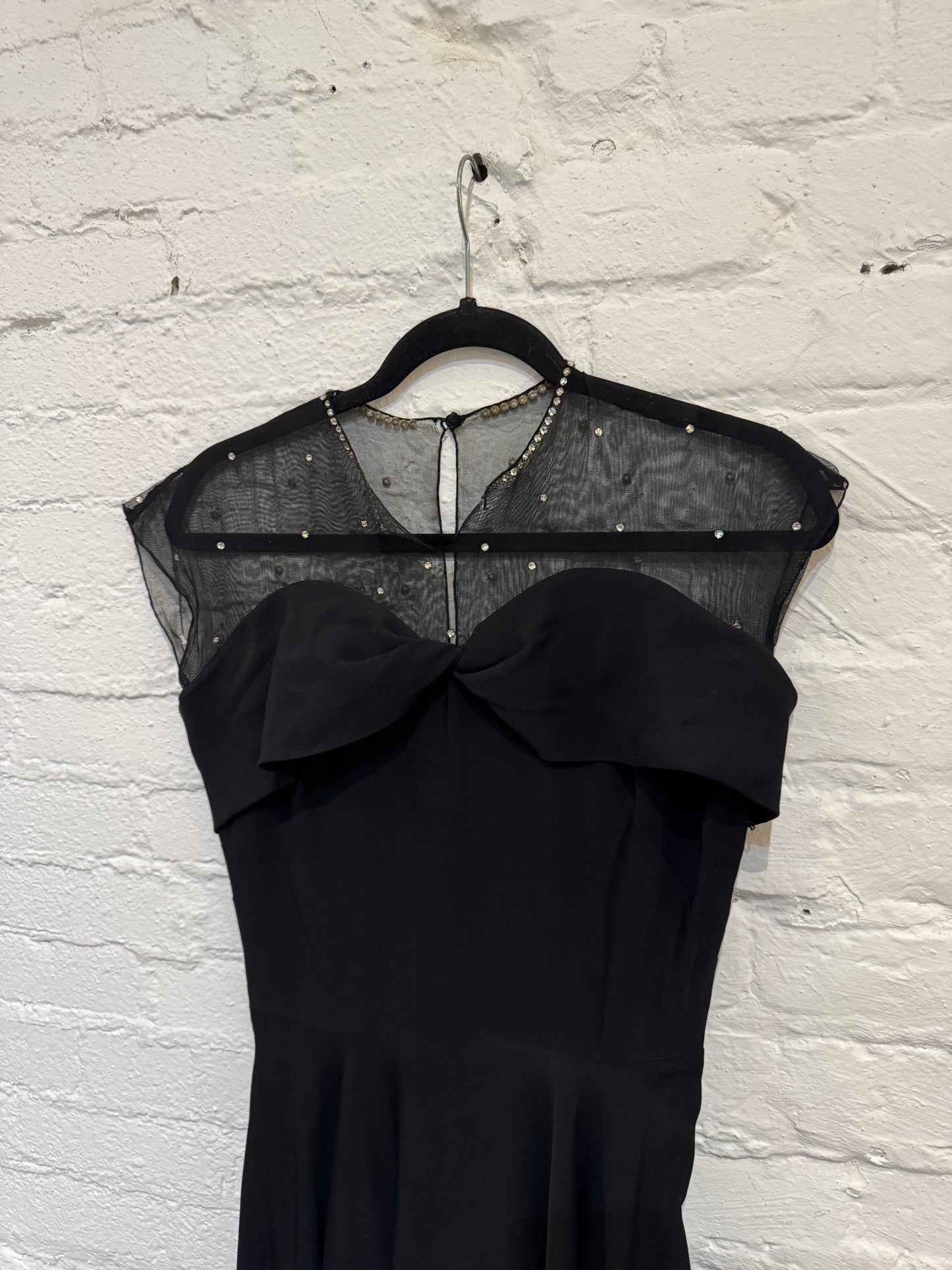 Vintage 1950s Black Crepe Rayon Party Dress with Mesh Rhinestone Neckline