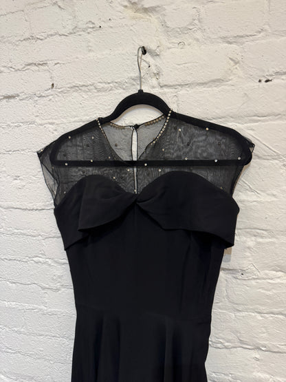 Vintage 1950s Black Crepe Rayon Party Dress with Mesh Rhinestone Neckline