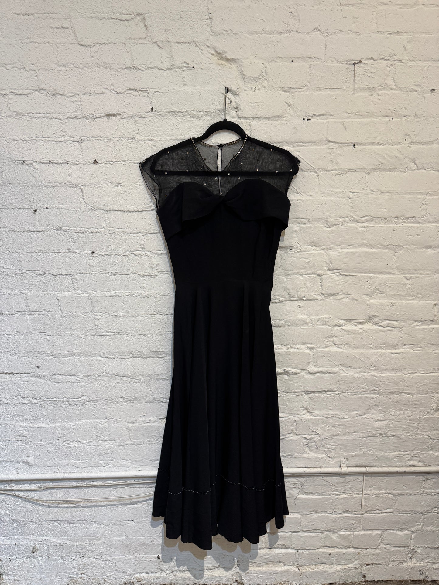 Vintage 1950s Black Crepe Rayon Party Dress with Mesh Rhinestone Neckline