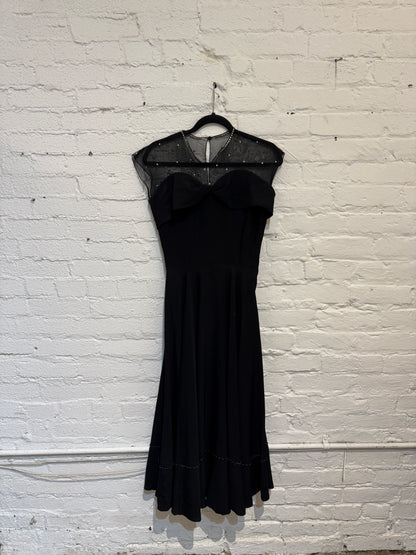 Vintage 1950s Black Crepe Rayon Party Dress with Mesh Rhinestone Neckline