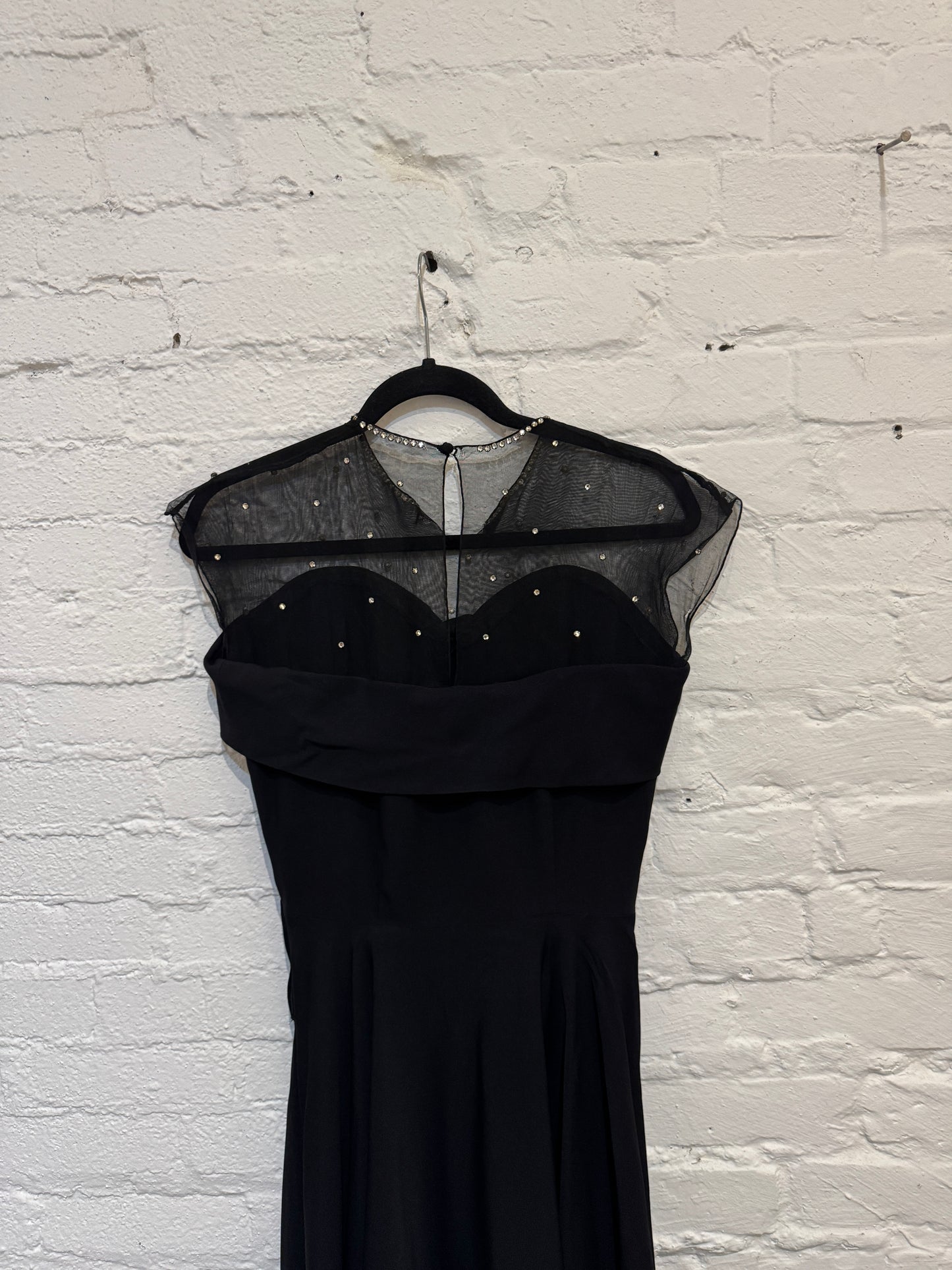 Vintage 1950s Black Crepe Rayon Party Dress with Mesh Rhinestone Neckline