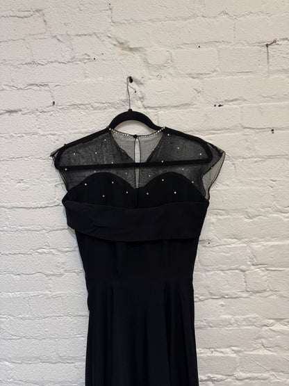 Vintage 1950s Black Crepe Rayon Party Dress with Mesh Rhinestone Neckline