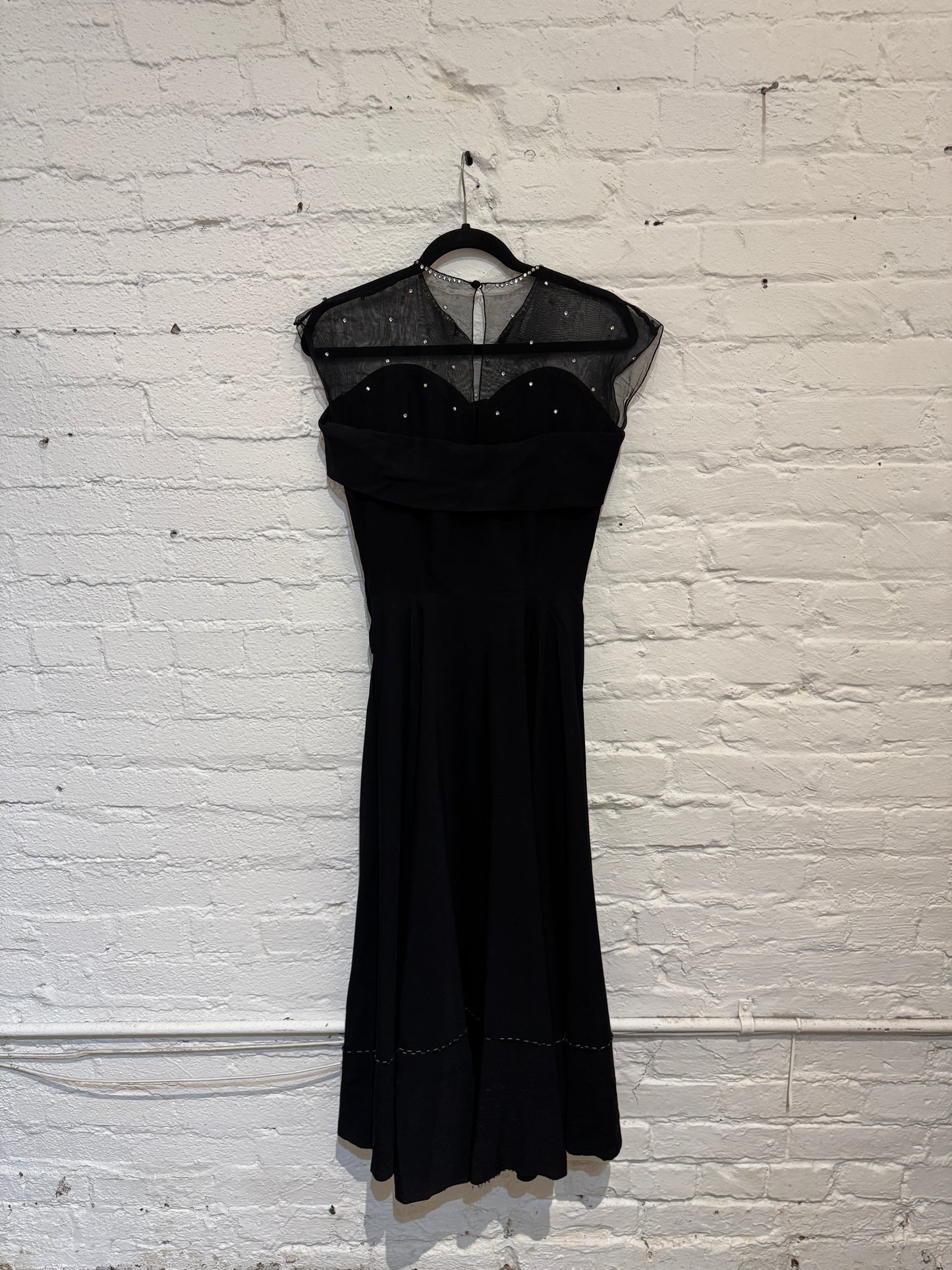 Vintage 1950s Black Crepe Rayon Party Dress with Mesh Rhinestone Neckline