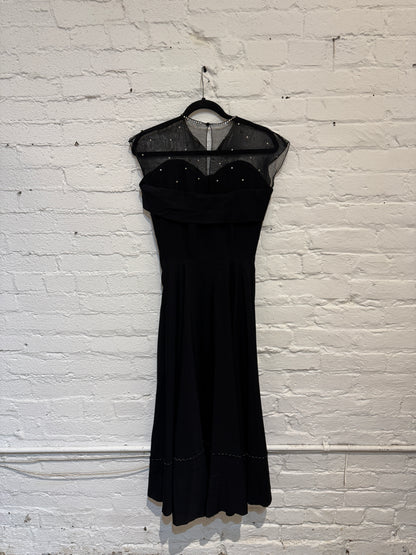 Vintage 1950s Black Crepe Rayon Party Dress with Mesh Rhinestone Neckline