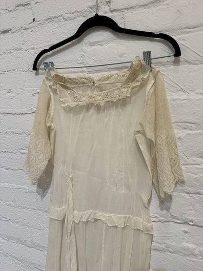 Girls Antique Gauzy Cotton and Lace Tea Dress