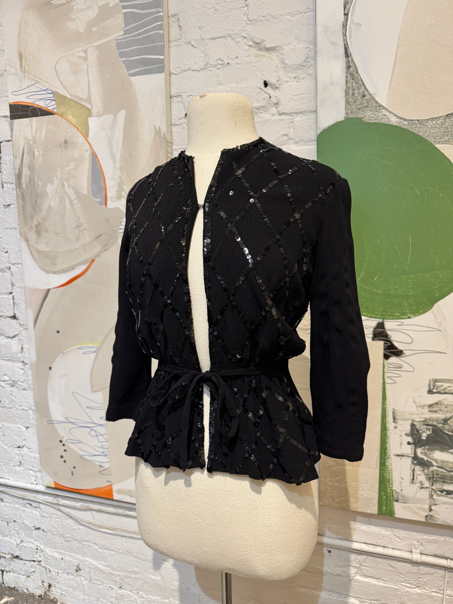 Vintage 1950s "Brucewood" Black Crepe and Sequin Jacket Top