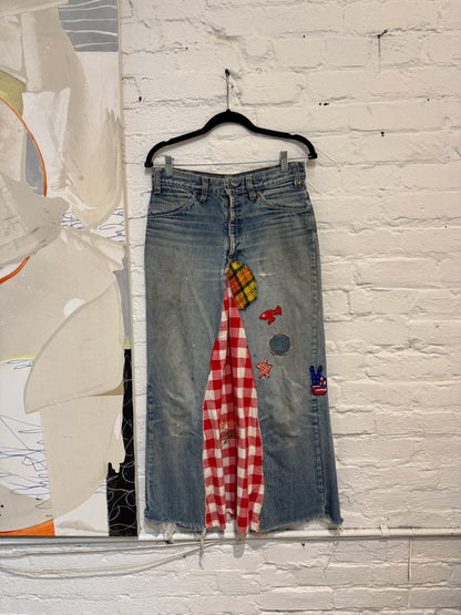 Vintage 1960s 1970s Levis Folkart Denim Patchwork Maxi Skirt