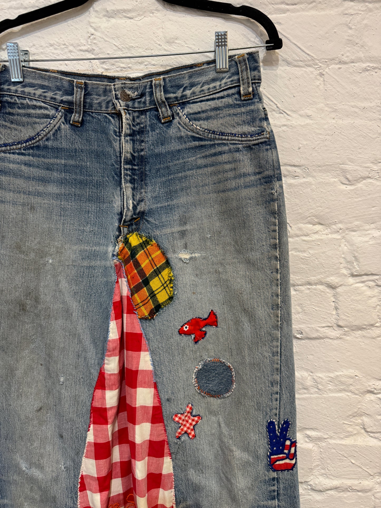 Vintage 1960s 1970s Levis Folkart Denim Patchwork Maxi Skirt