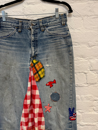 Vintage 1960s 1970s Levis Folkart Denim Patchwork Maxi Skirt