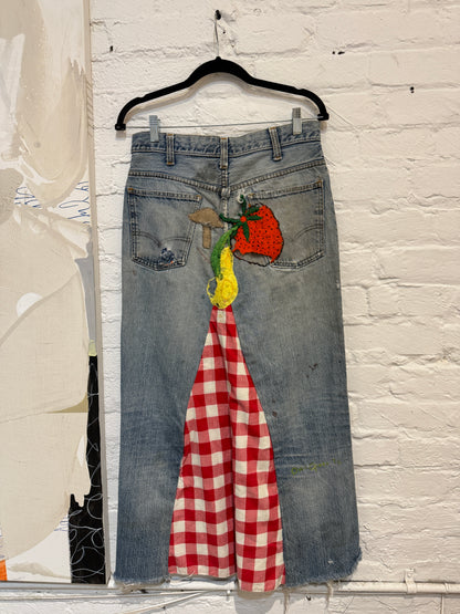 Vintage 1960s 1970s Levis Folkart Denim Patchwork Maxi Skirt