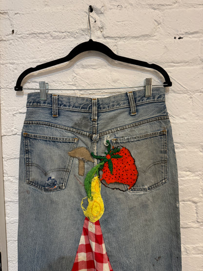 Vintage 1960s 1970s Levis Folkart Denim Patchwork Maxi Skirt