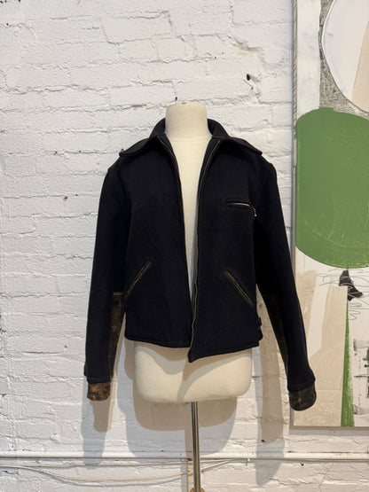 Vintage 1930s 1940s Montgomery Ward Navy Wool and Leather Jacket