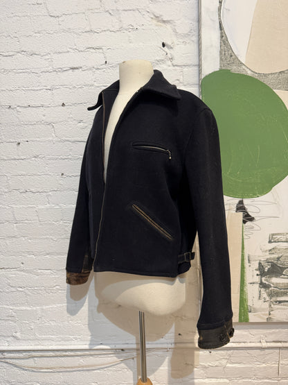 Vintage 1930s 1940s Montgomery Ward Navy Wool and Leather Jacket