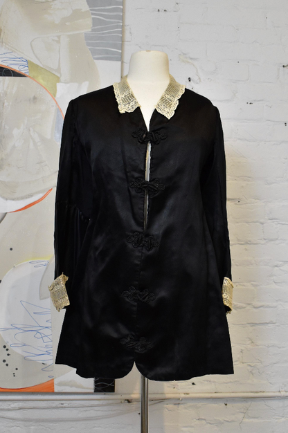 Antique Vintage 1920s Black Silk and Lace Dress Jacket