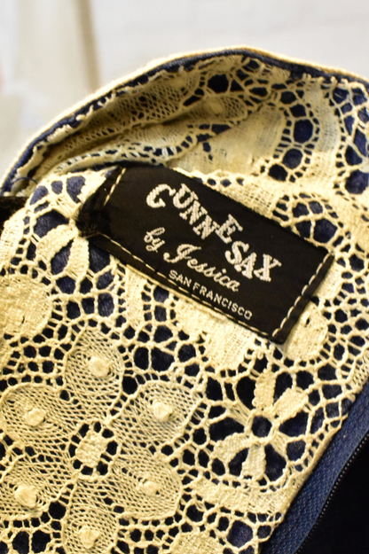 Vintage 60s 70s Chambray & Lace Black Label "Gunne Sax" Dress