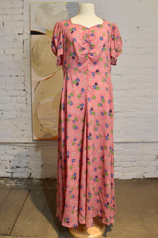 Vintage 1930s Pink Floral Rayon Gown