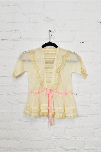 Antique 1910s Sheer Lace Dressing Jacket With Pink Ribbon Trim