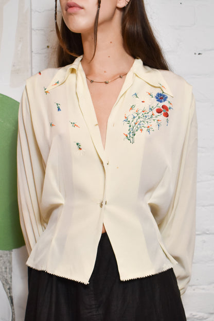 Vintage 1940s/50s Hand Painted Ivory Silk Blouse