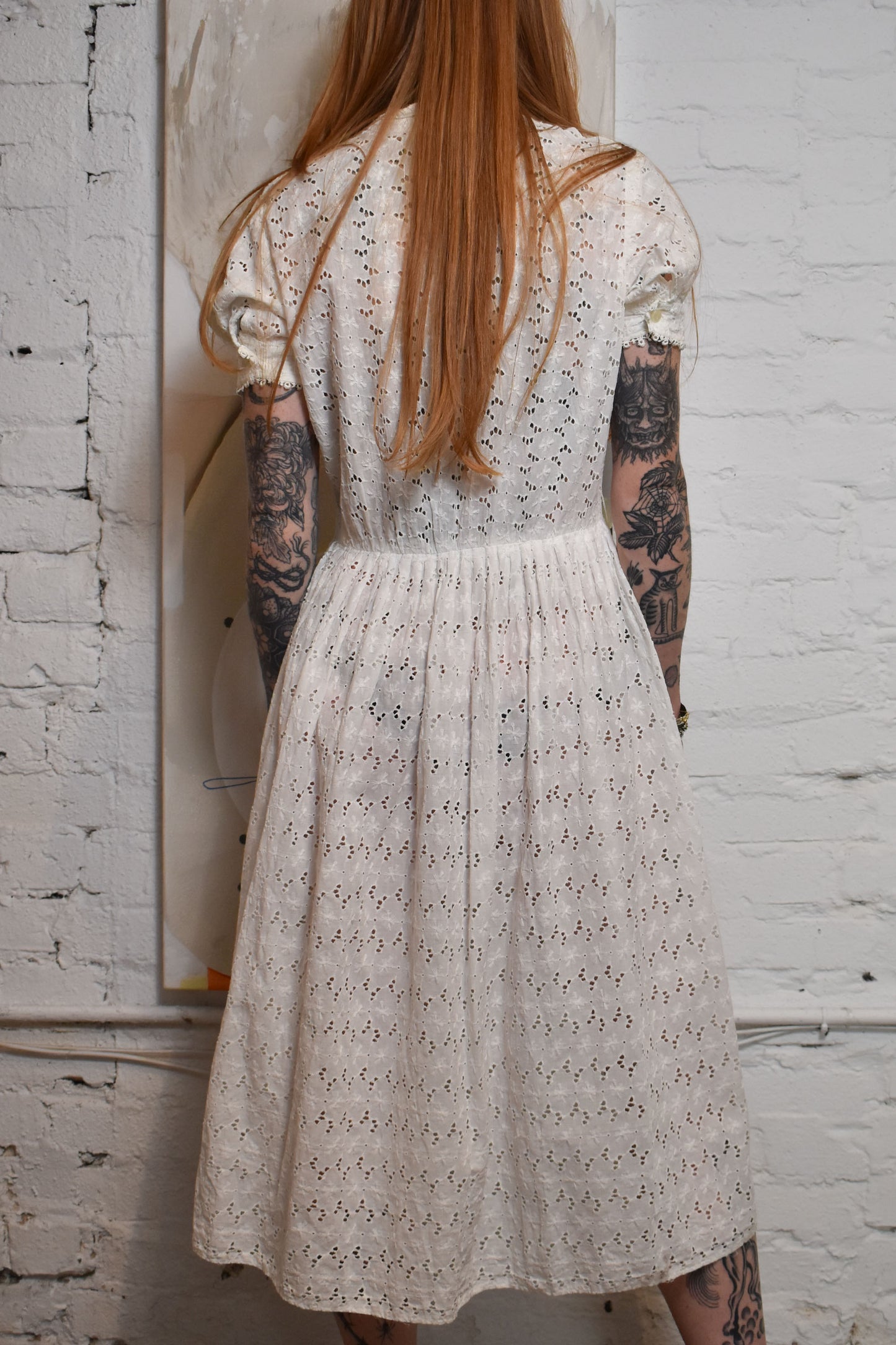 Vintage 50's White Cotton Buttonfront Eyelet Dress With Full Skirt